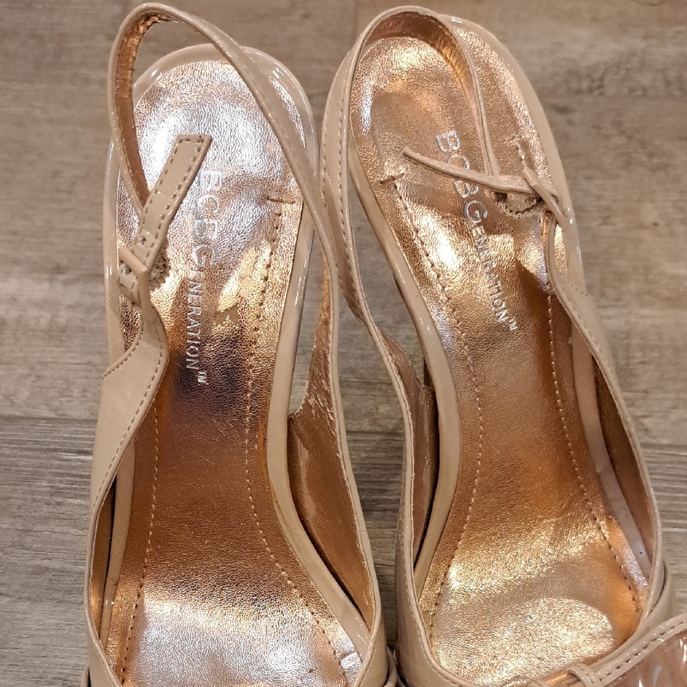 BCBGeneration Tan Peep-Toe Heels with Bow - Picture 4 of 6